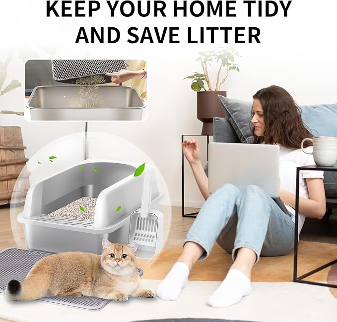 Prodigen Stainless Steel Cat Litter Box with Lid High Wall Sides Enclosure, Non-Sticky, Anti-Leakage, Easy Cleaning, with Cat Mat & Scoop, 19.6" L x 14" W x 12" H