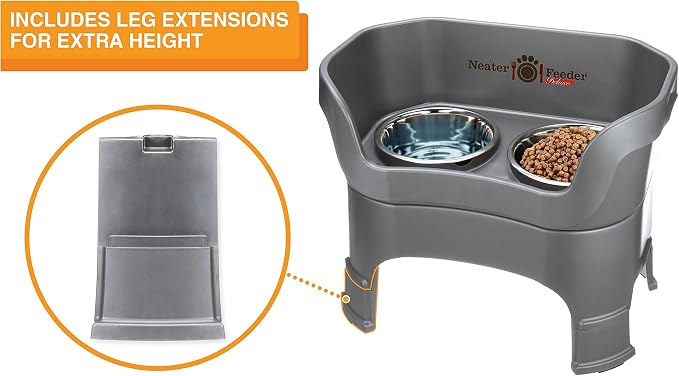 Neater Feeder Deluxe Mess-Proof Elevated Dog Bowls for Large Dogs (40+ lbs), 2 Height Adjustable (14.5” & 17.5”) No-Spill Raised Dog Bowl Stand w/Slow Feed Bowl for Food, Made in USA, Grey