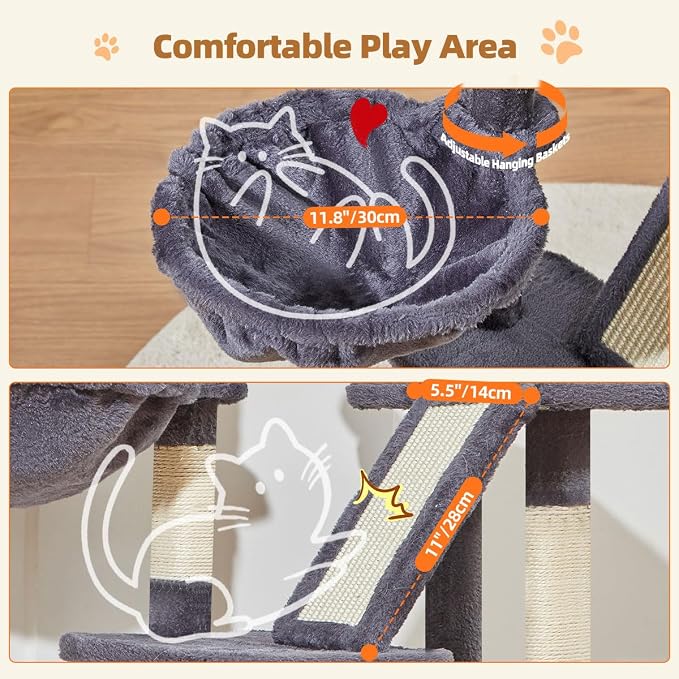 Taoqimiao Cat Tree, 38.5In Cat Tower for Indoor Cats, Suitable for Kittens | Thick Padded Top Perch, Luxurious Cat Condo, Adjustable Basket, 1-Piece Ramp Scratcher, 3 Sisal Posts, Smoky Gray, MS029SG