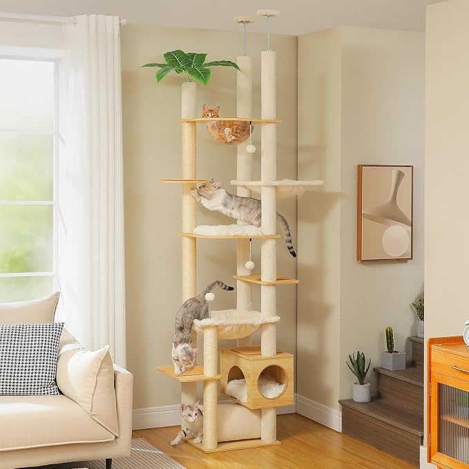 PEQULTI Floor to Ceiling Cat Tree, 93-101'' Adjustable Wooden Tower, Beige | Tri-column tower with ceiling posts & wall straps; 7 levels, condo, large hammock, 6 sisal posts & perches for adult cats