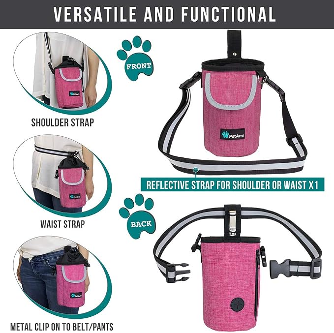 PetAmi Dog Treat Pouch, Large Hands-Free Training Bag, Pink | Built-In Poop Bag Dispenser, Holds 3 Cups Of Treats, 4 Ways to Wear, D-Ring, Reflective Strap, Dog Treat Bag for Walking