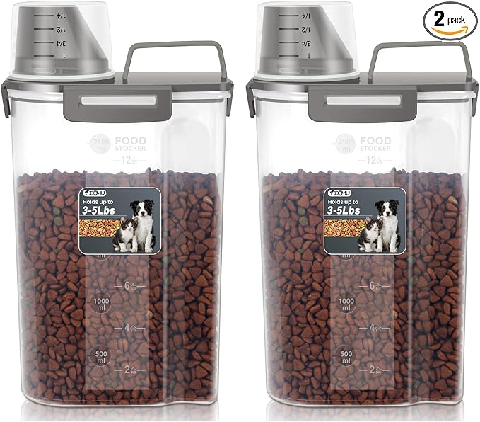 Dog Cat Food Storage Container with Cup (Dark Olive, 2.5L (2 pack)) | Pet Food Pourable Container Airtight with Large Spout, BPA-Free Plastic Food Dispenser for Pet Food, Bird Seed, Rice, Flour