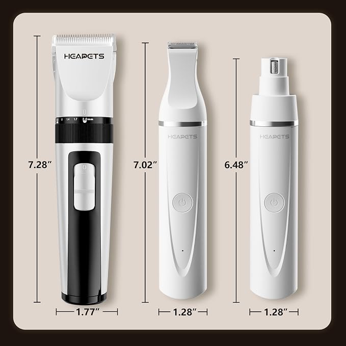 HEAPETS Dog Hair Clippers for Grooming Kit and Dog Paw Trimmer Nail Grinder for Grooming, Low Noise Rechargeable Cordless, Shaver Grooming Supplies for Pet Cats Dogs, White