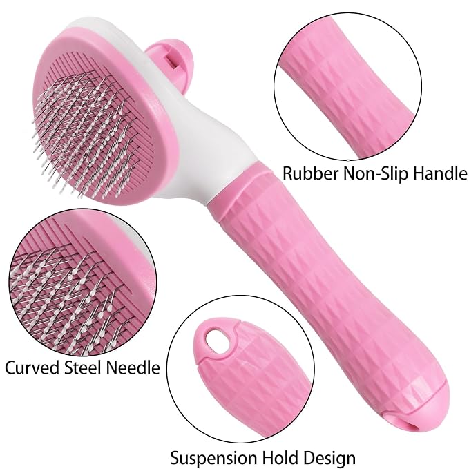 1Pc Cat Hair Brush Pet Grooming Tool Skin Friendly Deshedding Brush Self Cleaning Slicker Brush with Release Button for Dogs and Cats Easy Clean Pink 7.48 x 3.94 in