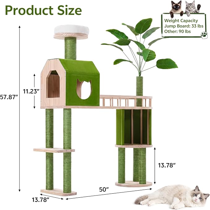 Wood Cat Tower for Self-Cleaning Litter Box, with Faux Plant, 58In | Multi-Level Cat Tree for Adult Large Cats, with Cozy Plush Bed, House, Scratching Posts, Cat Furniture for Indoor Cats, Green