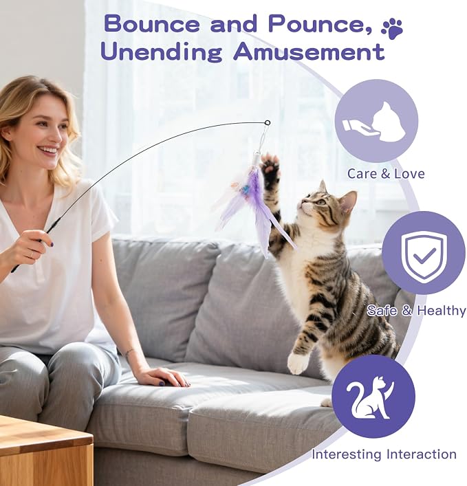 Pawaboo Feather Teaser Cat Toy, Interactive Feather Wand Cats Toy Flying Feathers Cat Catcher with Extra Long 34.5" Wand and Small Bell, Exerciser Playing Toys for Kitten or Cats, Purple