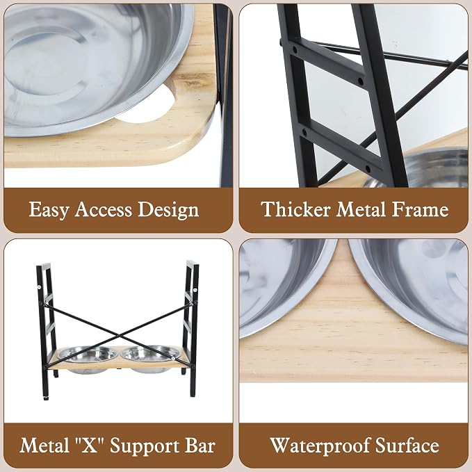 PUPETPO Elevated Dog Bowls, Adjustable Raised Dog Bowl Stand 4.1" to 11.6" | Black Metal Frame and Solid Wood Stand, Non-Slip Feet, 2 Stainless Steel Bowls 1.6L for Small to Medium Dogs, Cats and Pets