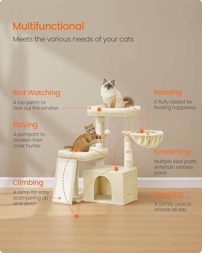 Feandrea Cat Tree, Cat Tower Condo with Scratching Posts and Ramp, 2 Large Perches, Cave, Basket, 33.8 Inches Tall, Summer Sand UPCT013LF02S