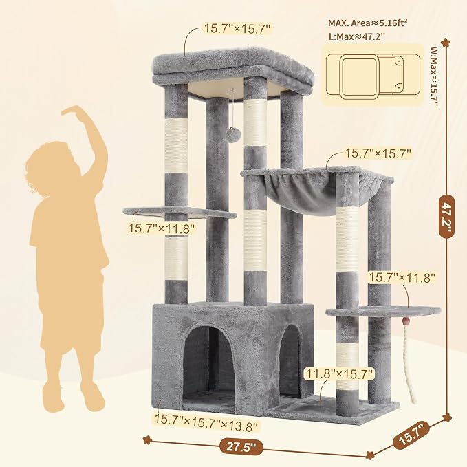Heybly Heavy Duty Cat Tree with Large Base for Large Indoor Cats HCT026W | Cat Tower with Scratching Posts, Tall Cat Condo House , Multi-Level Plush Furniture with Hammock & Toy Balls, Light Gray