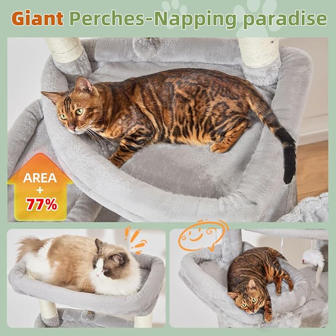 Taoqimiao Heavy-Duty Cat Tree, 71 in Cat Tower for Large Cats 20lbs+ | 3 Giant Multi-Tier Perches, Widened Cat Condo with 9 Scratching Posts, Plush Hammock & Basket, Toys, Light Gray, MS034W