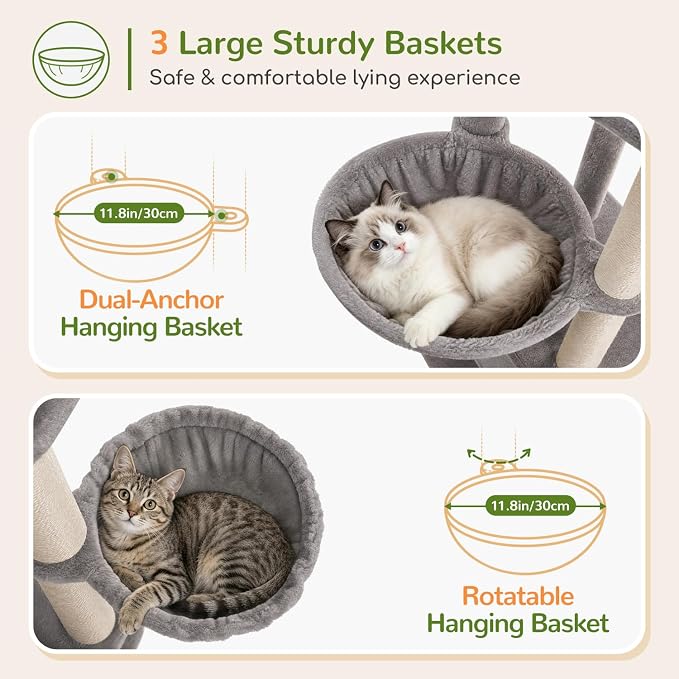 Globlazer 77in Cat Tree Tower for Indoor Cats Large Adult, F77, Light Grey | Heavy Duty Multi-level Climbing Tower with 6 Scratching Posts & Board, 2 Roomy Condos, 2 Padded Perches, 3 Sturdy Baskets
