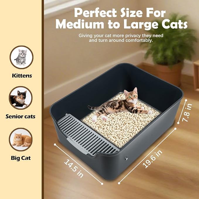 Large Cat Litter Box with High Sides,Cat Boxes for Indoor Cats,Cat Litter Pan for Kitty,Litter Box with Low Entry,Easy to Clean,Anti-Splashing (Dark Grey)