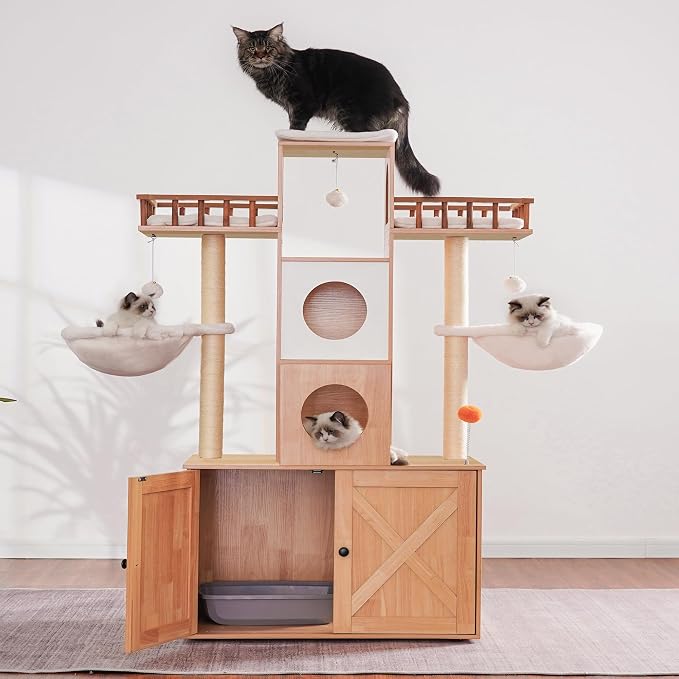 Heybly Cat Tree with Litter Box Enclosure for Indoor Big Cat HCT110WB | Cat Tower for Large Cats 20 lbs Heavy Duty, Modern Cat Condo Furniture with Scratching Posts, Walnut