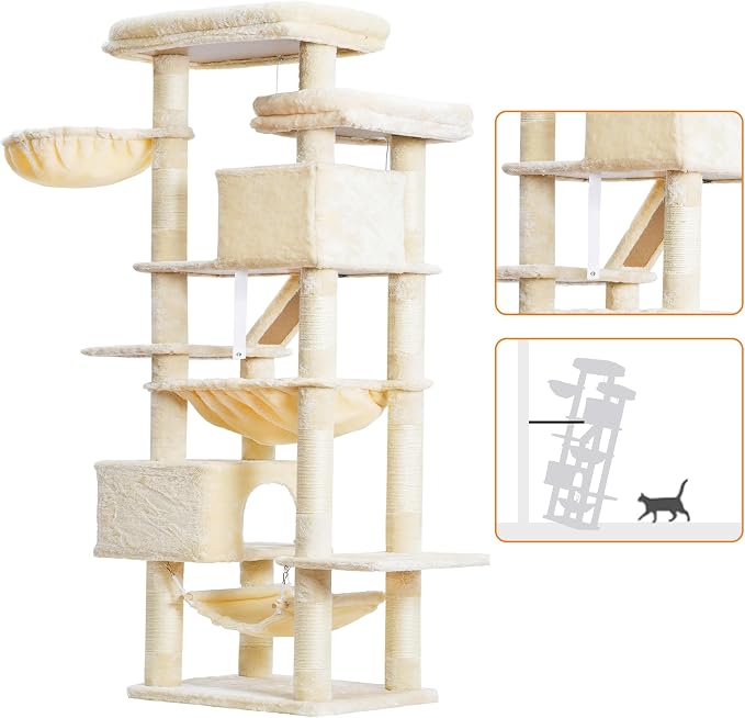 Heybly Cat Tree, 71-Inch-Tall Tower for Indoor Cats with 2 Perches HCT034M | Large Cat Furniture with 2 Big Condos, 2 Hammocks, Basket, Scratching Pad, Multi-Level Cat Condo, Beige