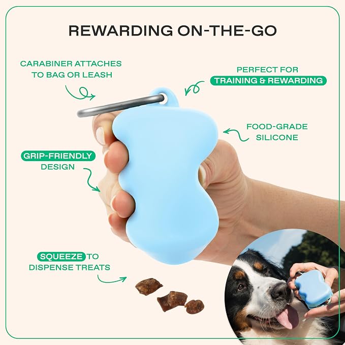 Springland Silicone Dog Training Treat Pouch for Leash, Sky Blue | One-hand squeeze dispenser, food-grade silicone, BPA-free, carabiner included, easy-fill holder for rewards on the go