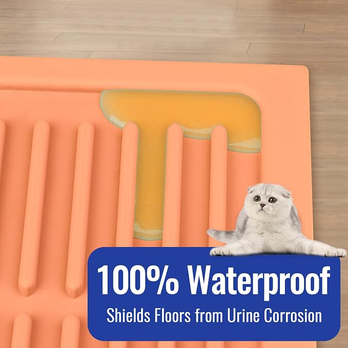 Easy Clean Litter Mat: 24" X 15" Silicone Groove Design Litter Trapping Mat Easy to Vacuum & Rinse - Waterproof Urineproof Surface for Floor - Non-Slip Backing for Kittens (Peach Pink)
