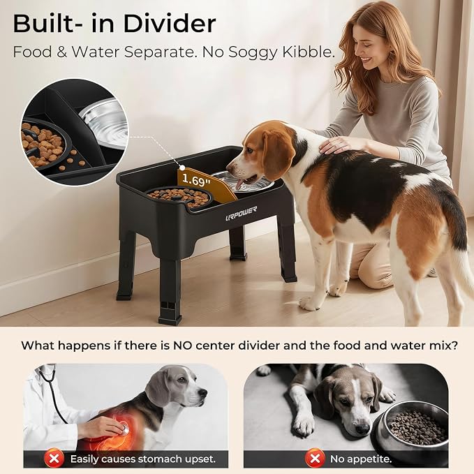 URPOWER Mess Proof Elevated Dog Bowls, High Wall Splash Guard Design, 4 Height Adjustable Raised Bowl Stand with Stainless Steel Bowl & Slow Feeder Bowl, Non-Slip Food Water Set for Small Dogs