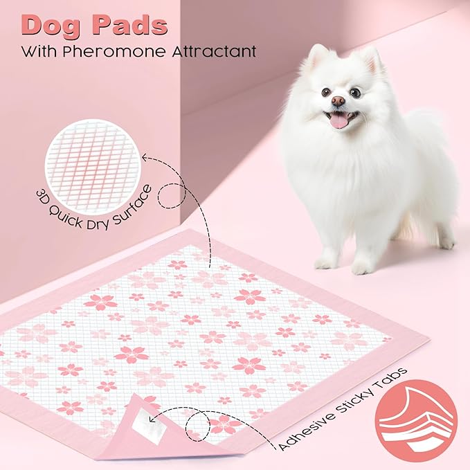 MIZOK Puppy Pads Pink 22x22in, Ultra Absorbent Wee Wee Pads with Pheromone Attractant, Decorative Cherry Blossom 6-Layer Leak-Proof Potty Training Pads, Disposable (100 Count)