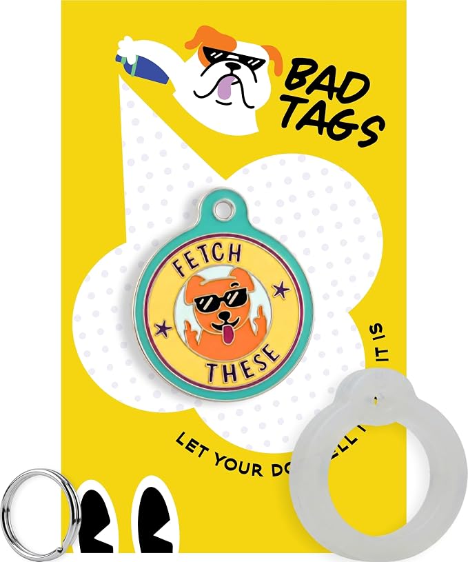 Bad Tags Personalized Dog and Cat ID Tags in 25+ Designs and 2 Sizes - 5 Lines of Custom Engraved Text - Funny Cute Personalized Pet Tags (Fetch These, Small (1 inch))