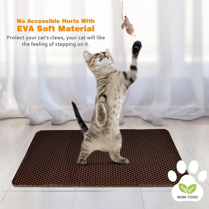 Cat Litter Mat 16"x20",Double Layer EVA litterbox Mat,Brown | Waterproof honeycomb large grid, urine-proof and odor-free. Traps litter, easy cleanup,Washable, non-slip backing