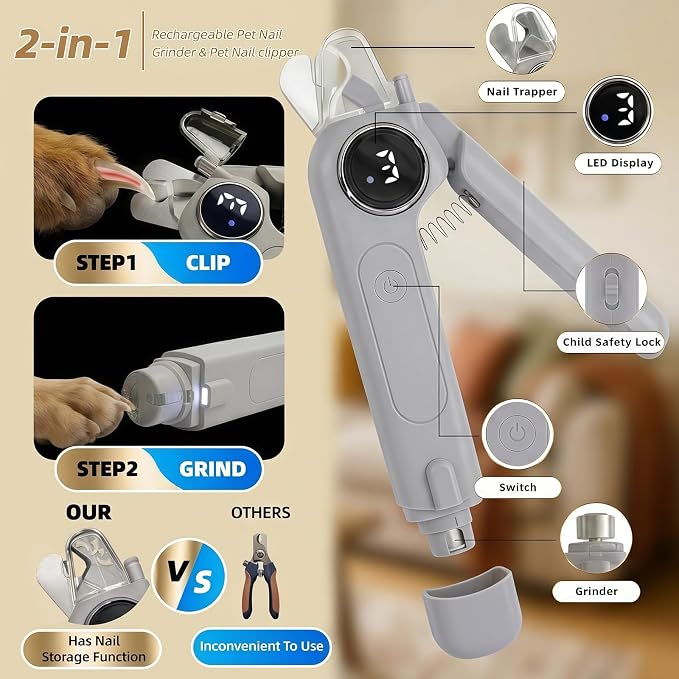 2-in-1 Quiet Electric Pet Nail Clipper & Grinder with Light for Dogs Cats | 3-Speed Grinding, Nail Catcher, Safety Guard, Low-Noise Motor, USB Rechargeable Design for Stress-Free Home Grooming