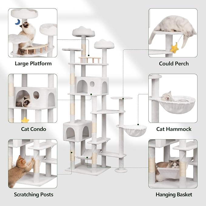 Meecal 79in Large White Cat Tree,Scratching Post,Perches,Condos & Hammocks | Sturdy Large Tower, Stable Structure for Multiple Big Cats, Heavy Duty, Scratch-Friendly ,High Weight Capacity, Tall Cat Gym