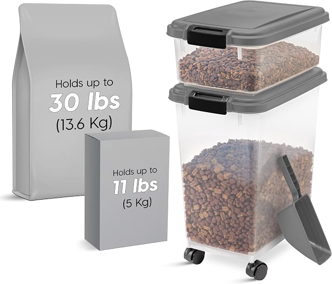 IRIS USA Dog Food Storage Container, Up to 30+11 lbs, Dark Gray | Made in the USA, Includes 2-Cup Scoop & Wheels, Airtight Seal, BPA-Free, Bird Seed, Cat food, Cat Litter, Treats, Toys