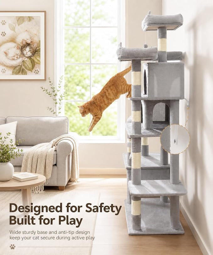 Cat Tower, 71 Inch Heavy Duty Cat Tree for Large Cats | Tall Multi-Level Cat Tree Tower with Extended Base, 2 Condos, 3 Perches, 9 Sisal Posts & Hammock for Indoor Adult Cats, Grey