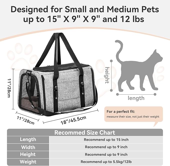 PETSFIT Soft-Sided Cat Carrier with Patented Safety Buckles, Lockable Zippers & Safety Tether,Escape-Resistant Travel Pet Carrier for Car Rides & Vet Visits, Airline Approved Under-Seat, Up to 12 lbs