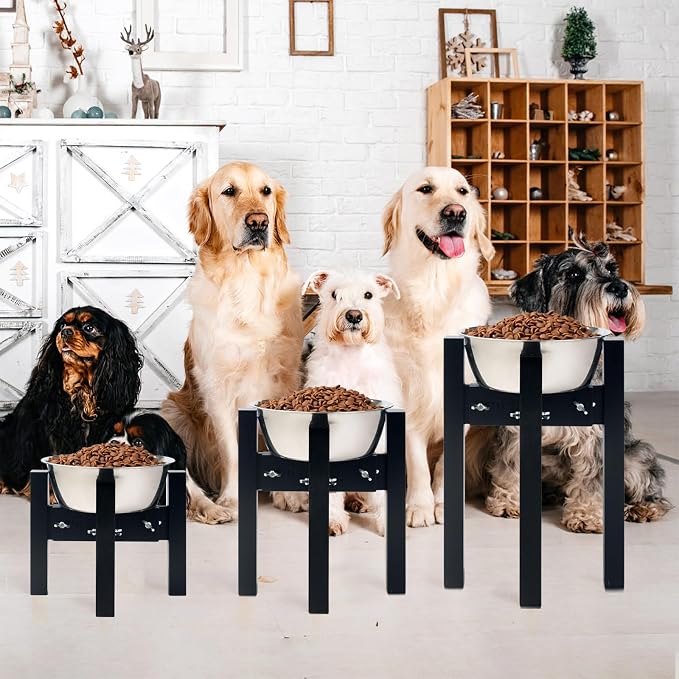 Elevated Dog Bowl Stand Adjustable Dog Food Holder 10”H Medium Black | 10” Elevated Dog Bowl Stand, Medium Dogs, Adjustable, Fits 7”-10” Bowls, Single Bowl Holder, Natural Bamboo, Classic Black