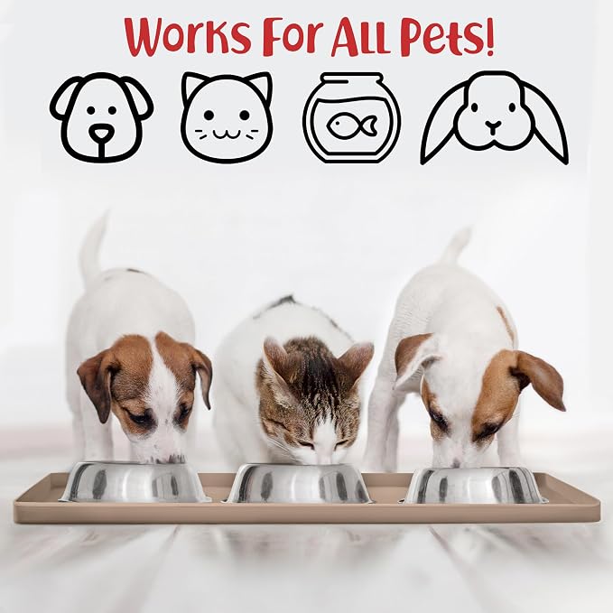 DogBuddy Dog Food Mat – Waterproof Dog Bowl Mat for Food and Water, Silicone Pet Feeding Mats for Floors, Non-Slip Placemat with High Edges for Dogs Bowls, Puppy Essentials (M: 21” x 14”, Taupe)