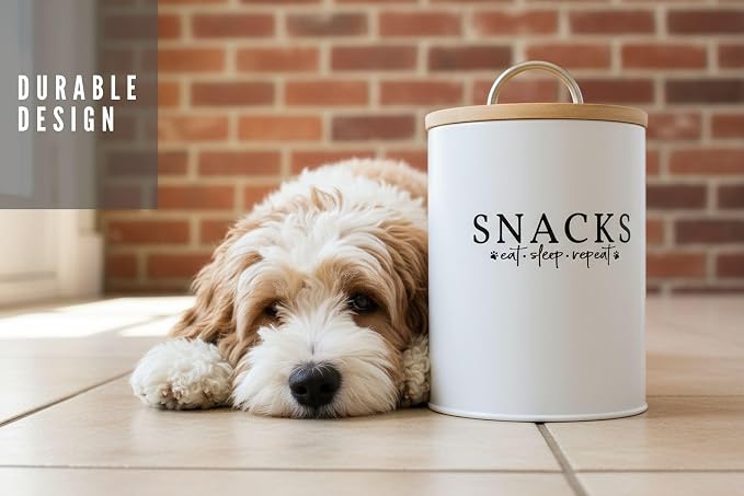White Dog and Cat Treat Container with Easy to Open Bamboo Lid, 8.5 cups/ 70 fl oz.