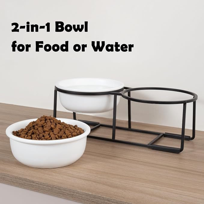 Ceramic Elevated Dog Bowl Set - Double Dog Food and Water Bowls with Metal Stand - Raised Pet Dishes for Puppies and Cats - 2 Cups - 12.5 fl oz - Matte White