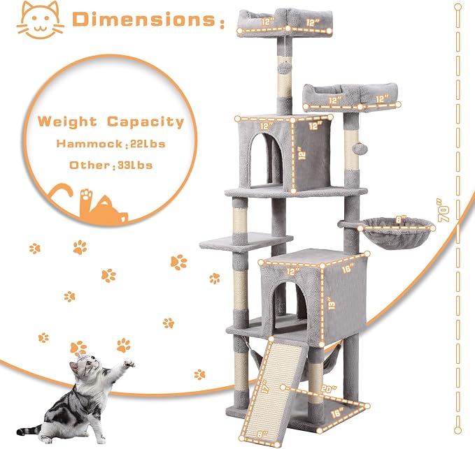 Letkind Cat Tree, 70-Inch Cat Tree Tower with Hammock, Scratching Post, Condo and Multi-Level Cat Tower, Large Cat Activity Center Playhouse, Light Gray LCT015