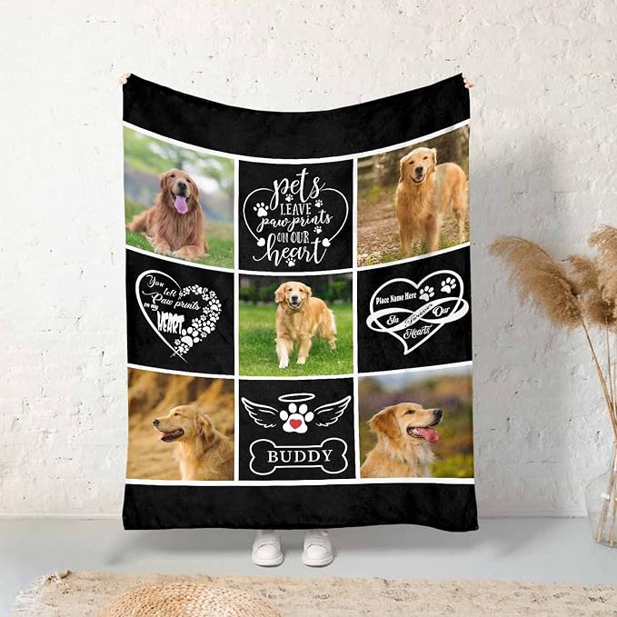 InterestPrint Personalized Pet Memorial Blanket Pet Leave Pawprints on Our Heart Blanket Custom Loss of Dog Memorial Fleece Blankets Memory Throw Blanket Gift for Grieving Pet Owner 60X80 Inch