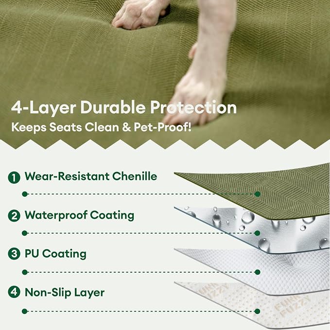 FUNNY FUZZY Dog Car Seat Cover for Back Seat, Back Seat Pet Cover for Dogs Waterproof, Scratchproof Dog Backseat Cover, Non-Slip Bench Car Seat Protector, Universal Fit Most Cars, SUVs, Trucks, Green