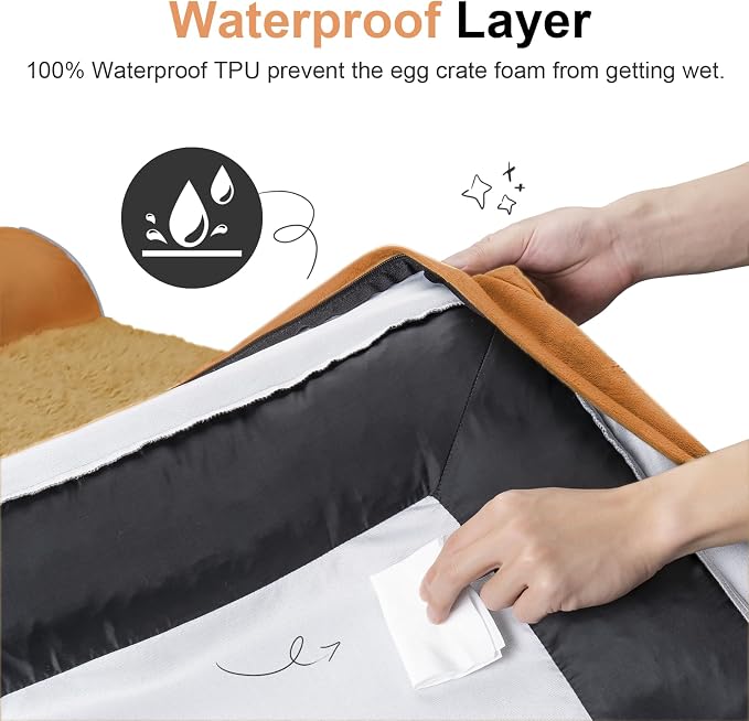 NANUYA Orthopedic Dog Bed for Large Dogs, 36 x 27 Inch, Orange | Egg crate foam for joint support, 3-sided bolster pet sofa, waterproof lining, washable cover, and non-skid base