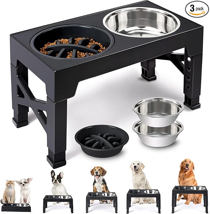 Elevated Dog Bowls with 5 Adjustable Heights Stand | Stainless Steel Bowls, Slow Feeder, 3.2" to 12.2" Hegiht Raised Dog Bowl for Small to Large Dogs