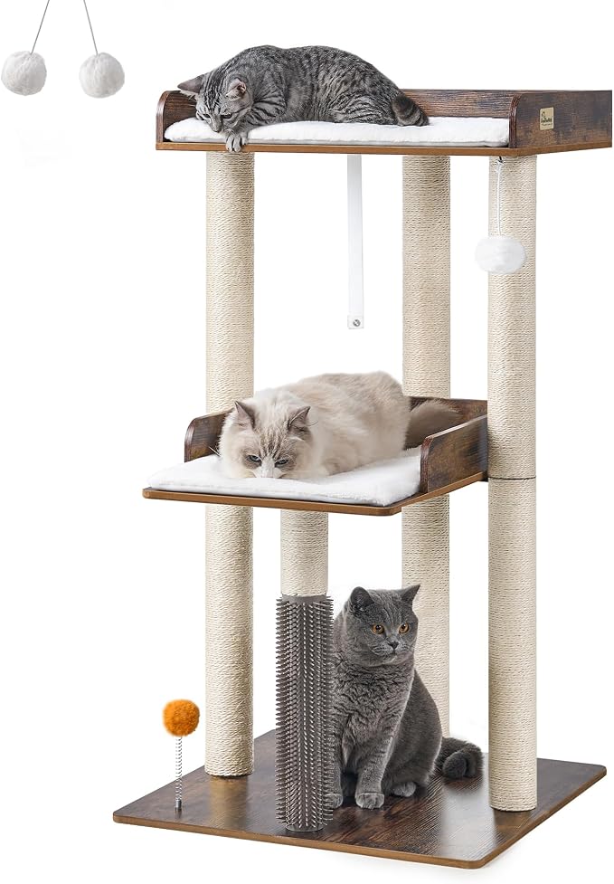 43.7" Cat Tree, Modern Cat Tree Tower, Cat Tower for Indoor Cats Large Adult, Cat Condo with Scratching Post, Large Perch and Removable Pads,Rustic Brown