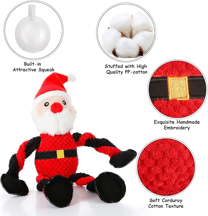 Senneny Christmas Dog Toys, Squeaky Santa Plush with Ropes for Tug of War, Durable Interactive Chew Toys for Puppy Small Medium Large Dogs