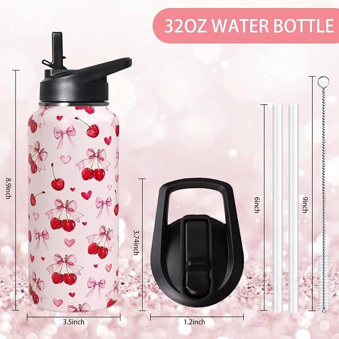 32oz Pink Cherry Insulated Aater Water Bottle with Straw Gym Hiking Sports Coffee Mug Cup Water Bottles,Cherry Gifts for Wome Decor Stuff Accessories