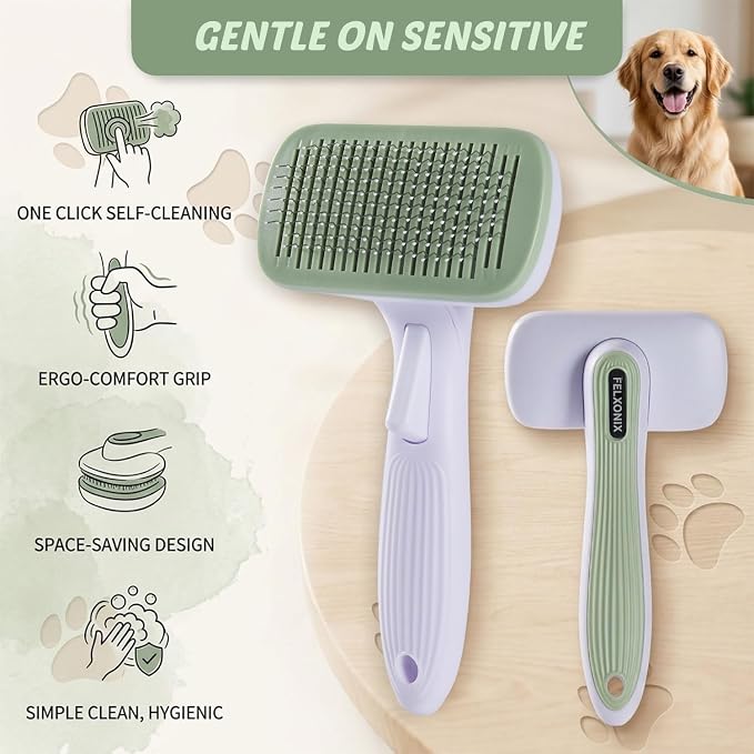 Self Cleaning Slicker Brush for Dogs & Cats, Deshedding Dog Brush | Cat Brushes for Indoor Cats, Removes Loose Undercoat, Mats and Tangles, Skin Friendly Grooming for Long and Short Hair