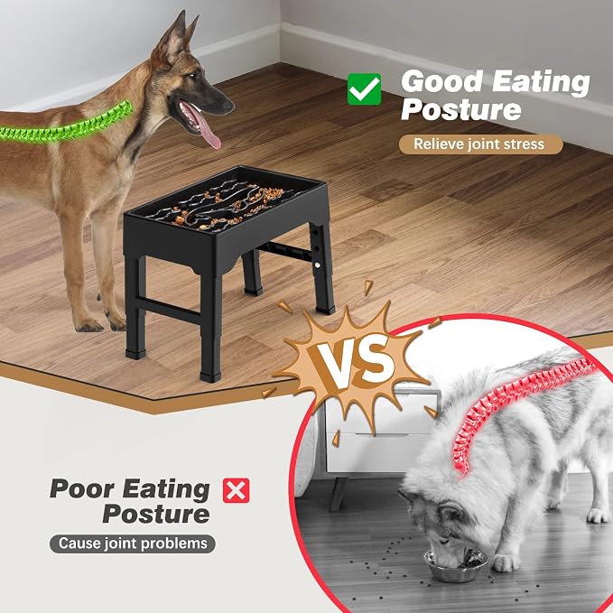 9 Cups Elevated Slow Feeder Dog Bowls 4 Adjustable Heights, Black | Raised Dog Slow Feeder Bowls, Dog Food Bowl Stand, Non Slip Anti Gulping Slow Eating Dog Bowl for Medium & Large Dogs