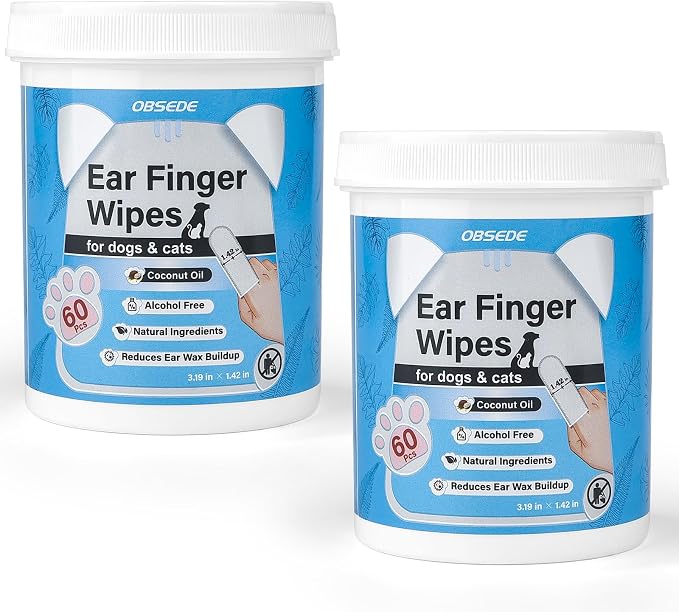 OBSEDE Dog & Cat Ear Wipes, Finger Sleeve Design for Gentle Wax & Dirt Reduce, Odor Control, Fresh Coconut Scent, Easy At-Home Pet Grooming, 120 Count