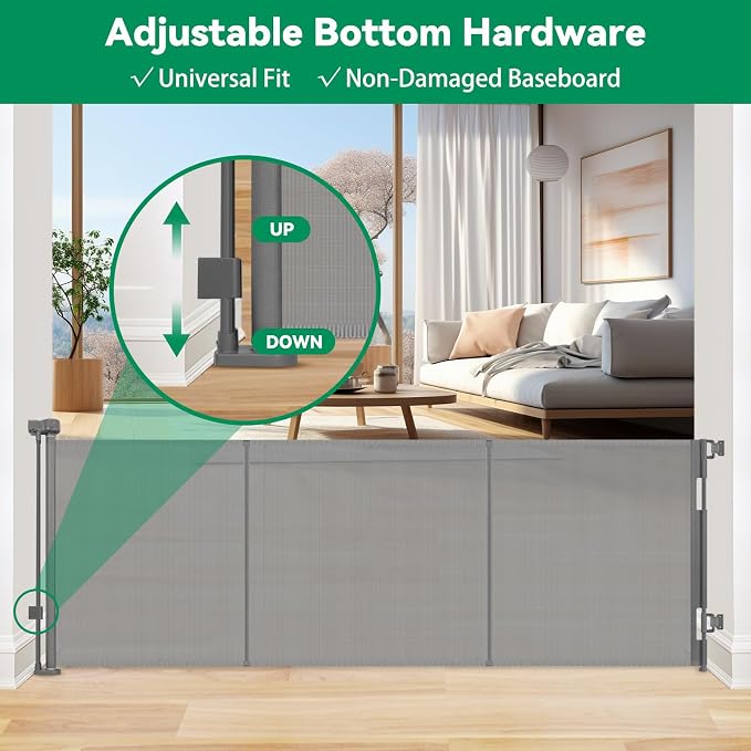 Reinforced 85" Wide Retractable Baby Gates Outdoor Retractable Dog Gate Indoor Mesh Baby Gate Retractable Pet Gate, Extra Wide Dog Gate with Support Rods – Prevent Crawling Under, Gray