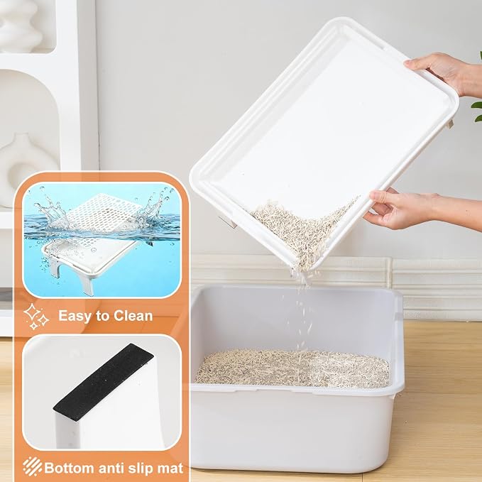 Uross Cat Litter Box Step, Extra Large Litter Box Ramp/Stairs with Detachable Splash-Proof Side Baffles, Anti-Tracking Litter Catcher, Easy to Clean, Non-Slip Step for Small & Elderly Cats (White)
