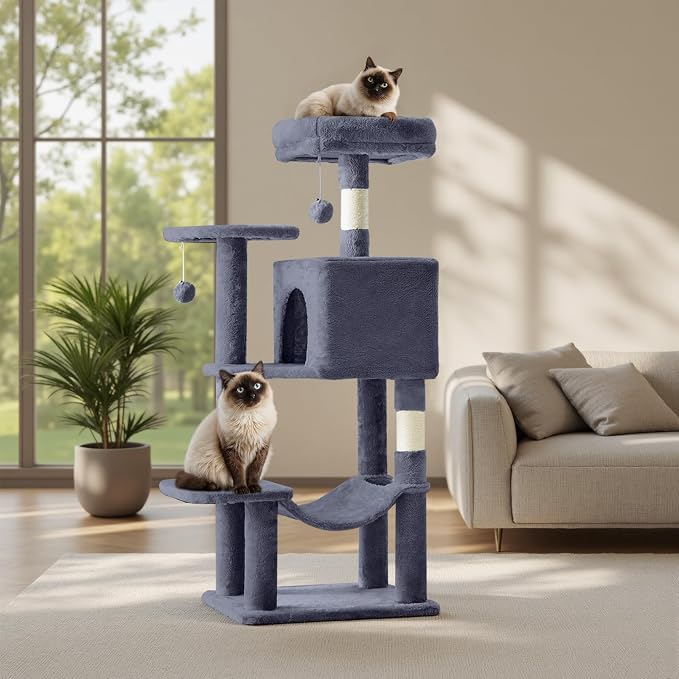 44 Inch Small Cat Tree Tower for Indoor Cats and Kittens | Multi-Level Cat Climbing Tower with Natural Sisal Scratching Post and Hammock, Pet Condo, Grey