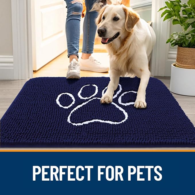 OLANLY Dog Door Mat for Muddy Paws 70x24, Paw Print Design Chenille Mud Mat | Navy Blue, Absorbent, Traps Moisture and Dirt, Non-Slip Washable Doormat, Quick-Drying Indoor Entryway Floor Carpet for Dogs