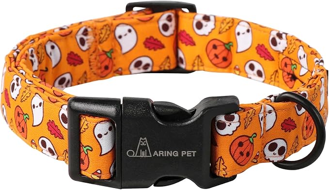 ARING PET Halloween Dog Collar, Cute Orange Ghost Pumpkin Leaves Cotton Lightweight Pet Collars with Quick Release Buckle for Puppy Small Medium Large Boy Girl Dogs-M