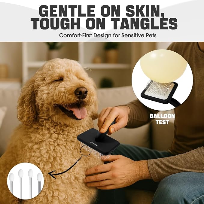 Bonteck Dog Slicker Brush for Dogs Grooming Kit 5PCS | Large Dog Brush for Goldendoodles Poodles Doodles | Long Pin Haired Brush | Poodle Brushes and Comb (Black)